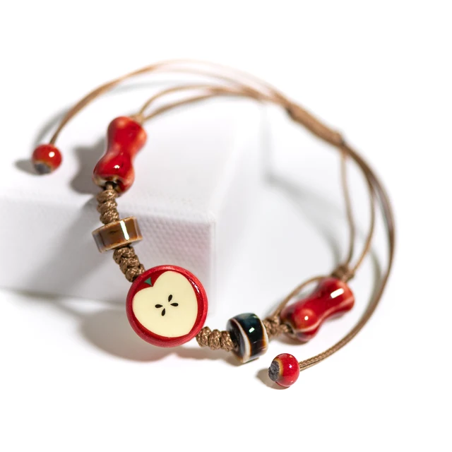Handmade Apple Ceramic Bracelet Adjustable Woven Cord Cute Cartoon Style Jewelry for Gifts
