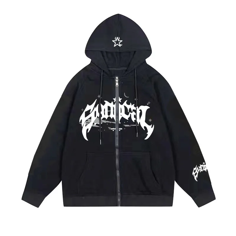 

Vintage Hip Hop Zipper Hoodies&Sweatshirt Loose Oversized Gothic Letter Star Print Men's Women's Streetwear Casual Coat