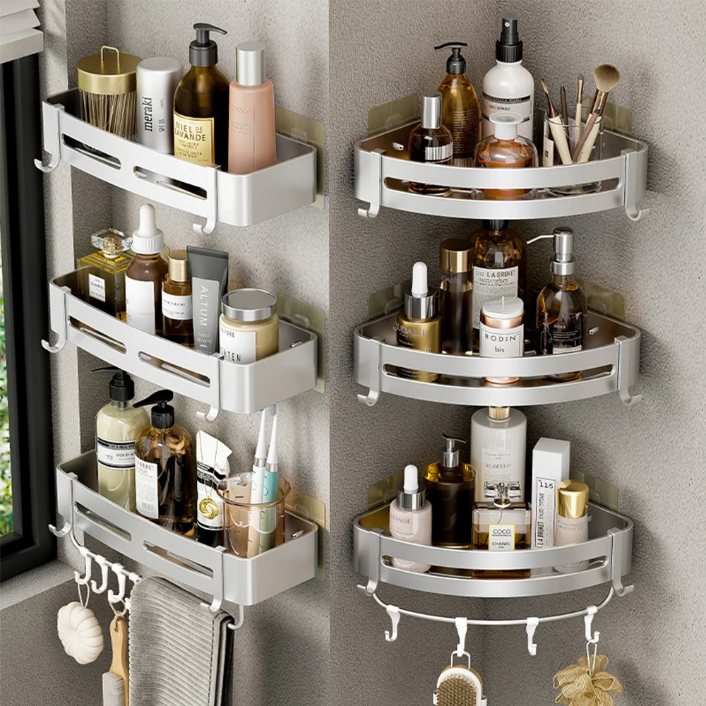 Shower Corner Shelf Bathroom Storage Shelves No Drilling Space Aluminum  Adhesive Shelf On The Wall Shampoo Holder Rack