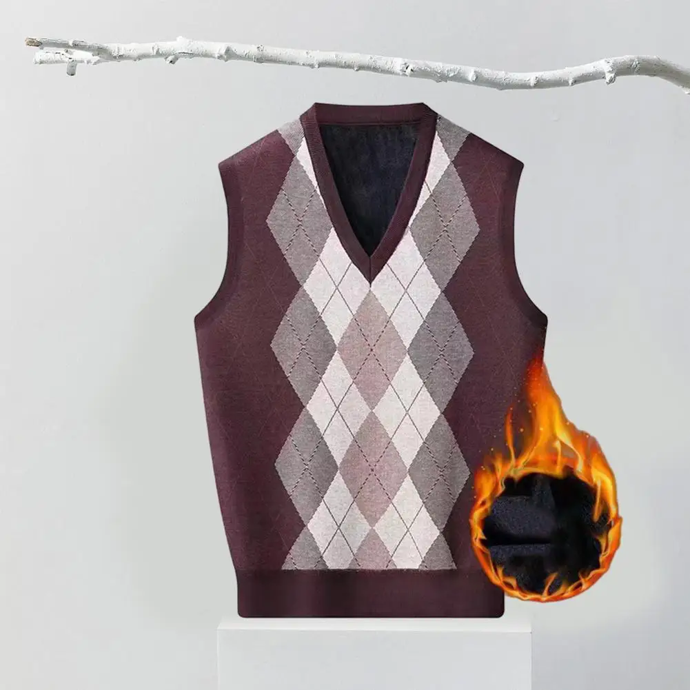 Men Vest Knitted Stylish Men's Rhombus Print V-neck Sweater Warm Soft Fashionable Mid-length Knitted for Fall men sweater vests mens knitted vest