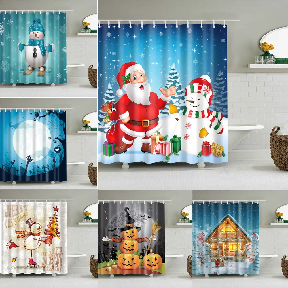 Merry Christmas Santa Claus Shower Curtain Bathroom Polyester Waterproof Fabric 