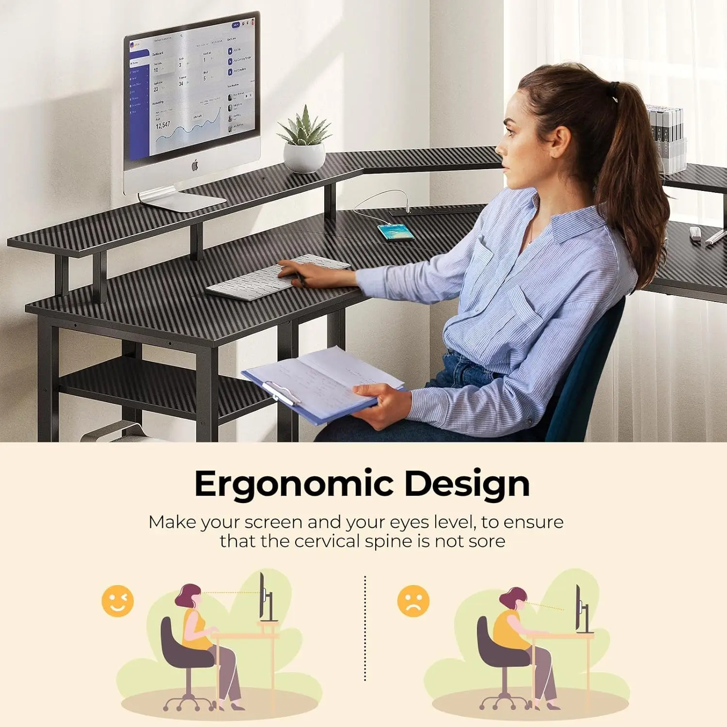Rolanstar L Shaped Gaming Desk with LED Lights & Power Outlets, 56" Computer Desk with Full Monitor Stand & Storage Shelf, Corne 5