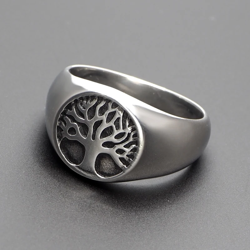 Punk 316L Stainless Steel Tree Life Signet Ring Classic Men's Viking Amulet