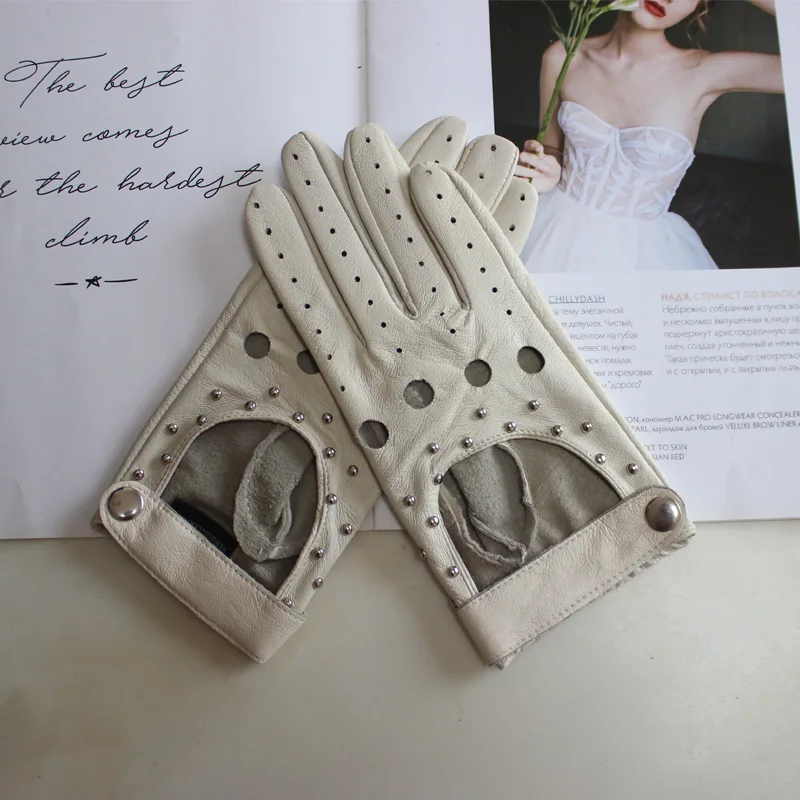 New Women's Sheepskin Gloves Thin Unlined Rivet Style Colored Driving Leather Gloves