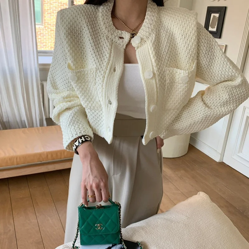 

Fashion Korean Cropped Knitted Cardigan Sweater Women Chic Slim Solid Y2k Sweater Outwear Autumn Winter O-Neck Pockets Top