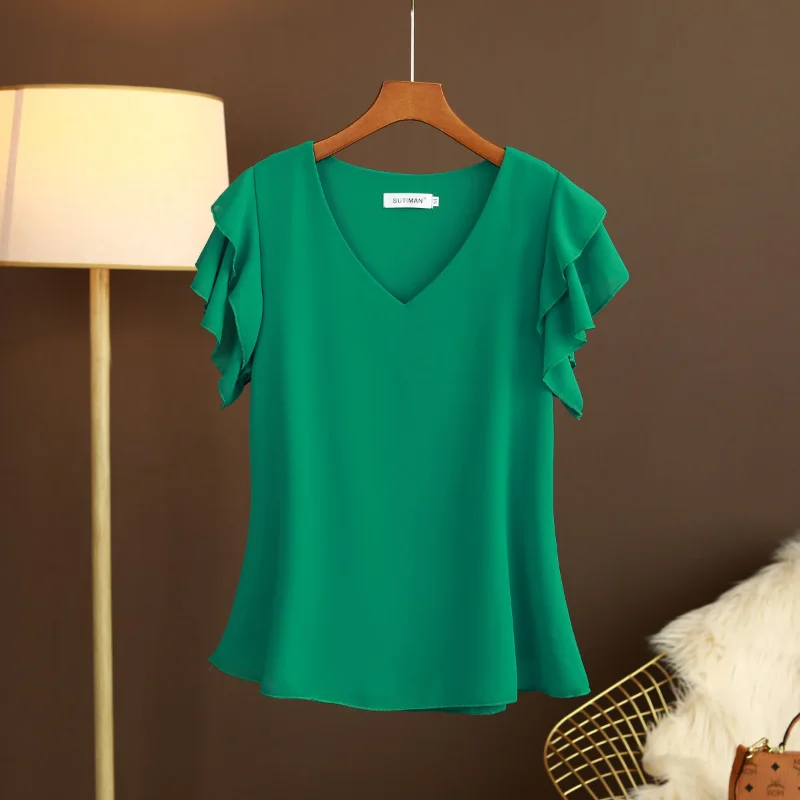 Fashion Women Casual Chiffon T-Shirt Summer New Female Clothing Tees Loose Ruffles Short Sleeve Pullover Versatile Basic Tops t shirts tees floral short sleeve o neck t shirt tee in blue size m