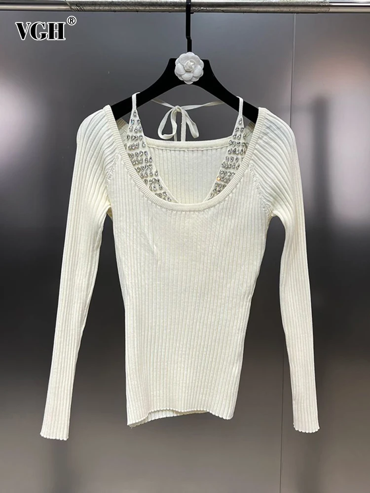 

VGH Patchwork Diamonds Solid Sexy Knitting Sweaters For Women Halter Long Sleeve Hollow Out Minimalist Pullover Sweater Female