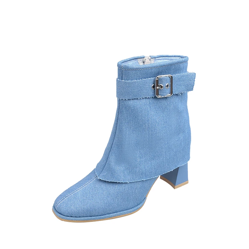 

Ladies Ankle Boots Fashion Designer Buckle Sewing Casual High Heels Winter New Sexy Elegant Zipper Boots for Women Denim Fabric