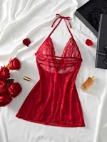 Hot Lace Halter Babydoll Sexy Deep V Neck See Hrough Nightgown Women's Erotic Lingerie Sleepwear Dress For Valentine's Day - Image 2