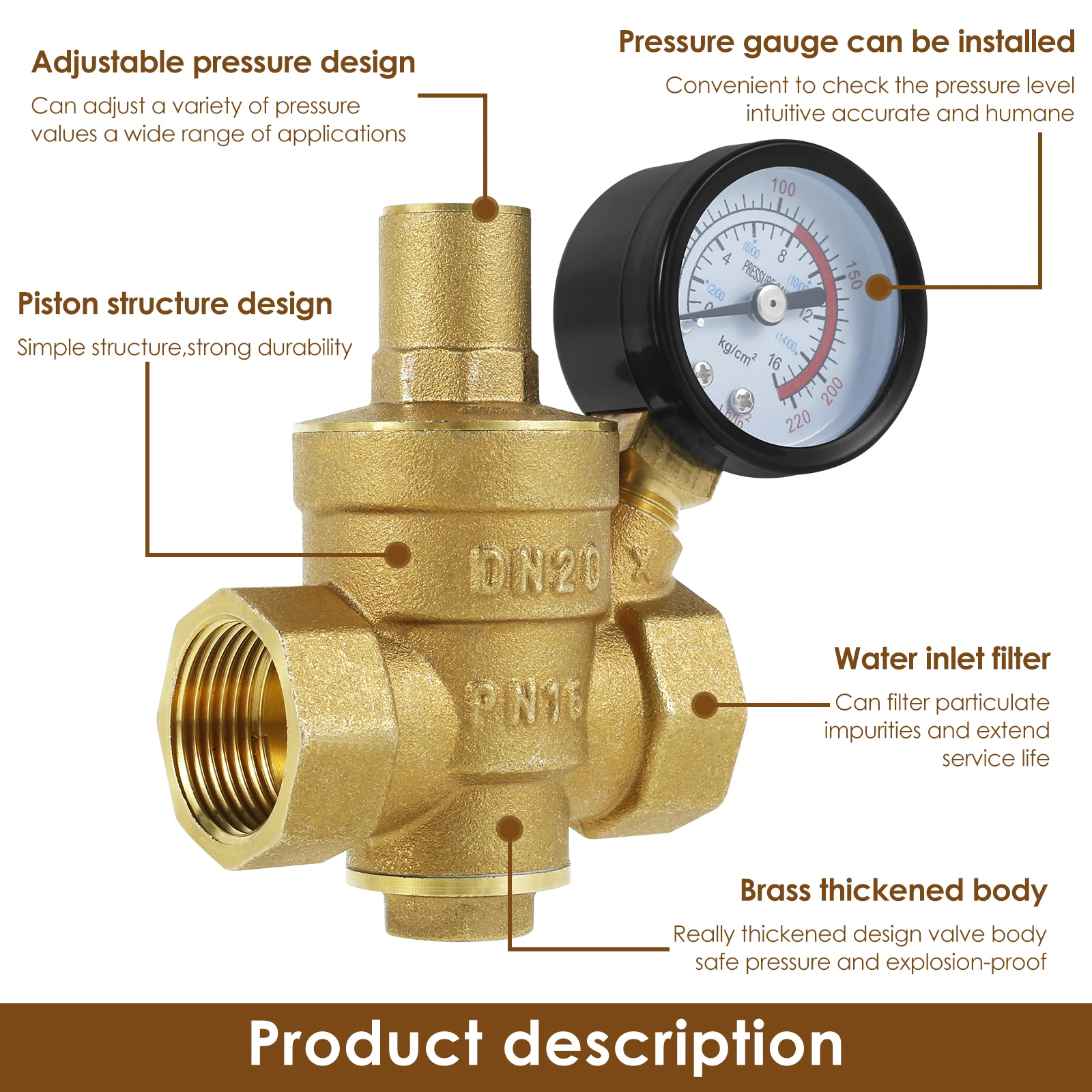 Vize Sürgetés reducer 3/4inch DN20 Sárgaréztábla vize Sürgetés Szabályozó Tolattyú 1/2inch DN15 Alkalmazkodó m Sürgetés reducer vel Sürgetés