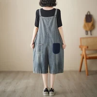 plus Size Denim Overalls Women's Summer New Sle High Waist ort Jeans Straight Leg Color Blo Five-Quarter Pants - Image 3