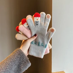Fashion Knitted Gloves Women Winter Warm Gloves Woollen Gloves Furry Full Fingers Gloves Snowman Kawaii Mittens Christmas Gifts