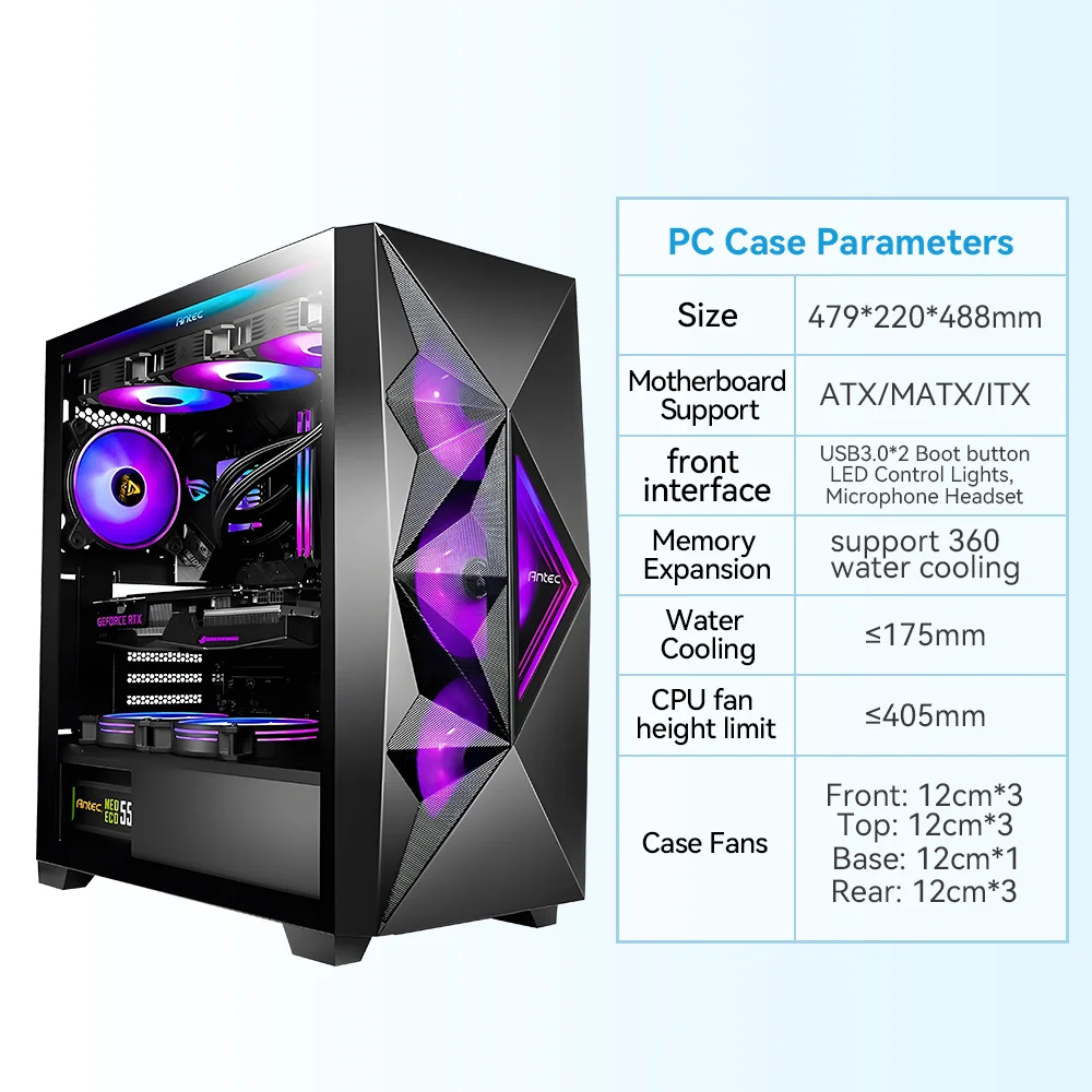 PC Case Antec DF800 FLUX PC Case Glass Side Case ATX Mid Tower Support 360 Water Cooled Side Computer With 5 Pcs Fans 컴퓨터 케이스 PCケース pc chassis computer chassis frame