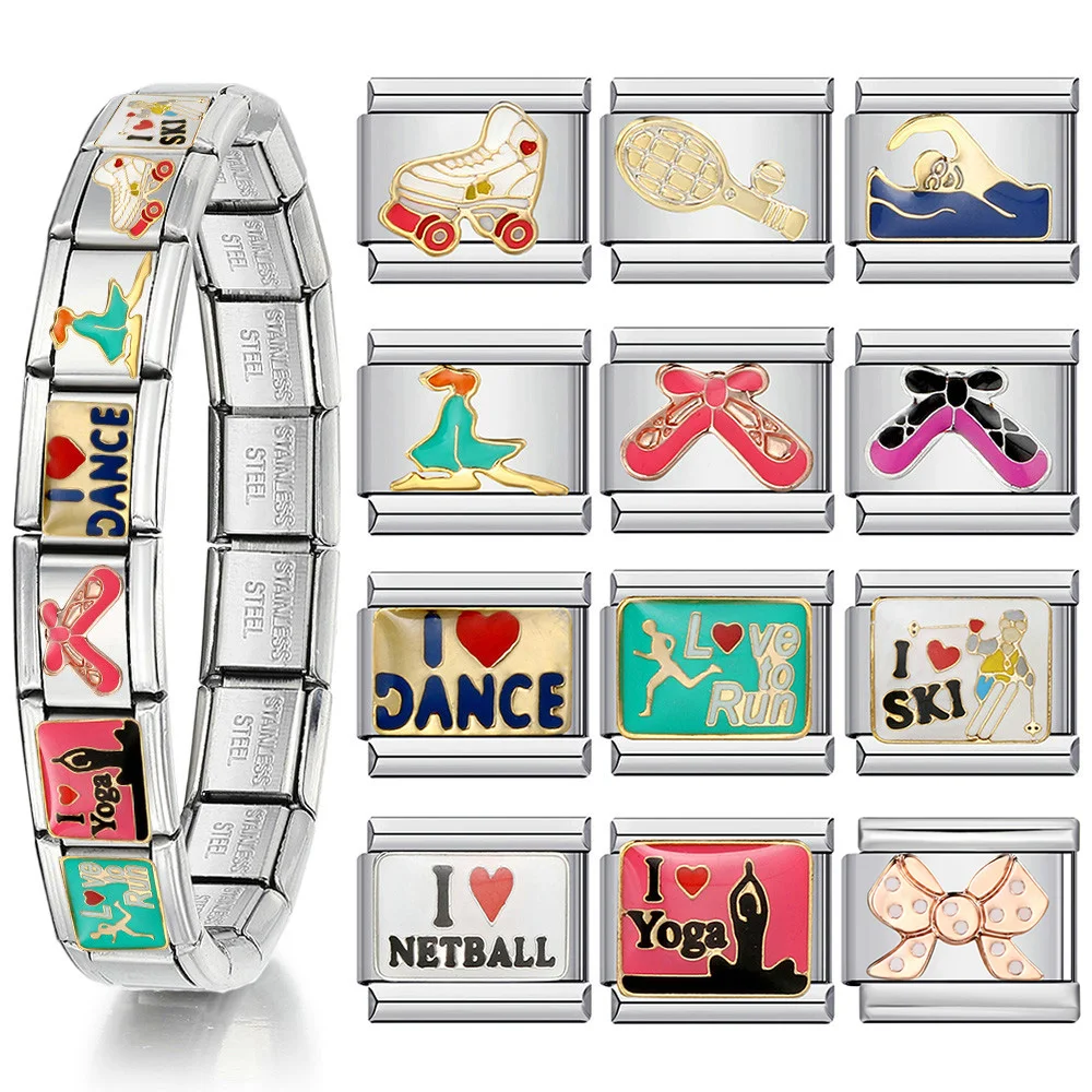 Y2k italienischen Charme Armband Spaß Muster Schwimmen Tanz Yoga Sport Edelstahl DIY machen elastische Glieder kette Modeschmuck