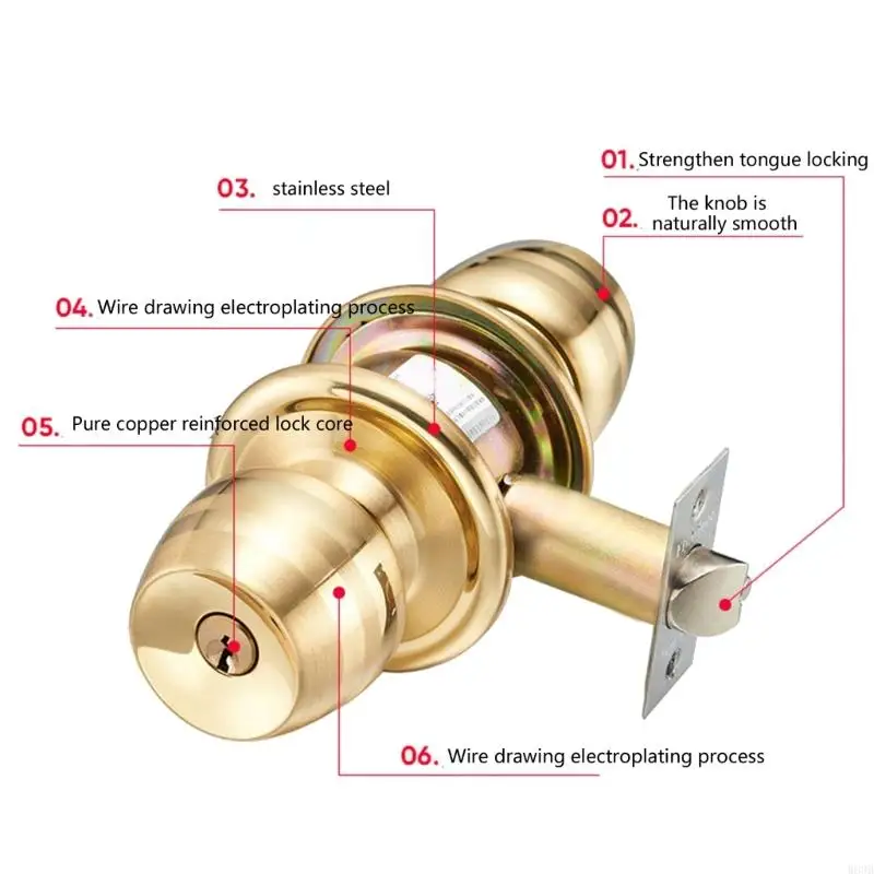 W89B Polished Brass Door Knob Keyed Entry Reversible Round Lock Adjustable Latches Door Knob Suitable for Interior & Exterior