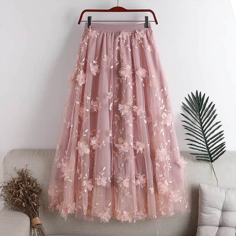 

Spring new high waisted slimming double layered mesh large hem A-line skirt with three-dimensional embroidery flower mid length