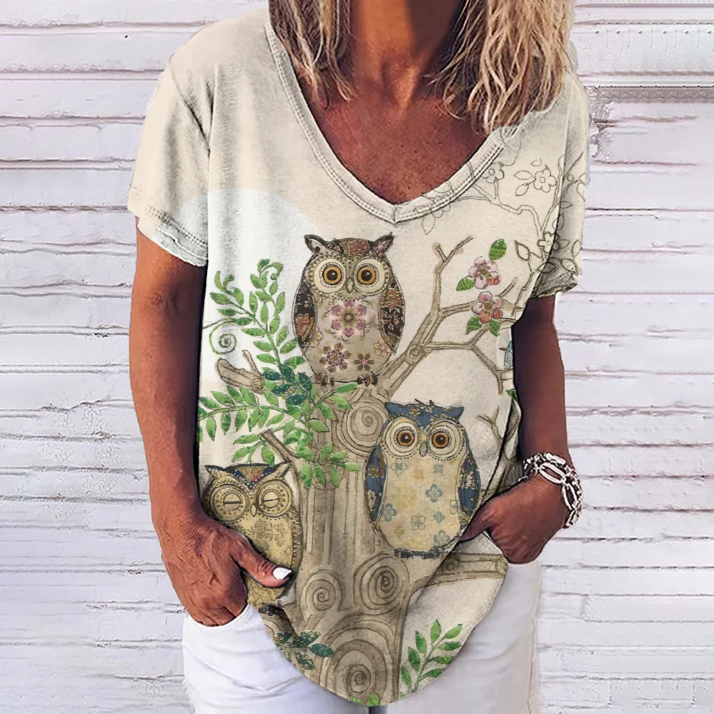 Owl Printed T-shirt For Women Cartoon Style Ladies Short Sleeve Tops Female  V-neck Oversized Streetwear Summer Harajuku Clothing - AliExpress