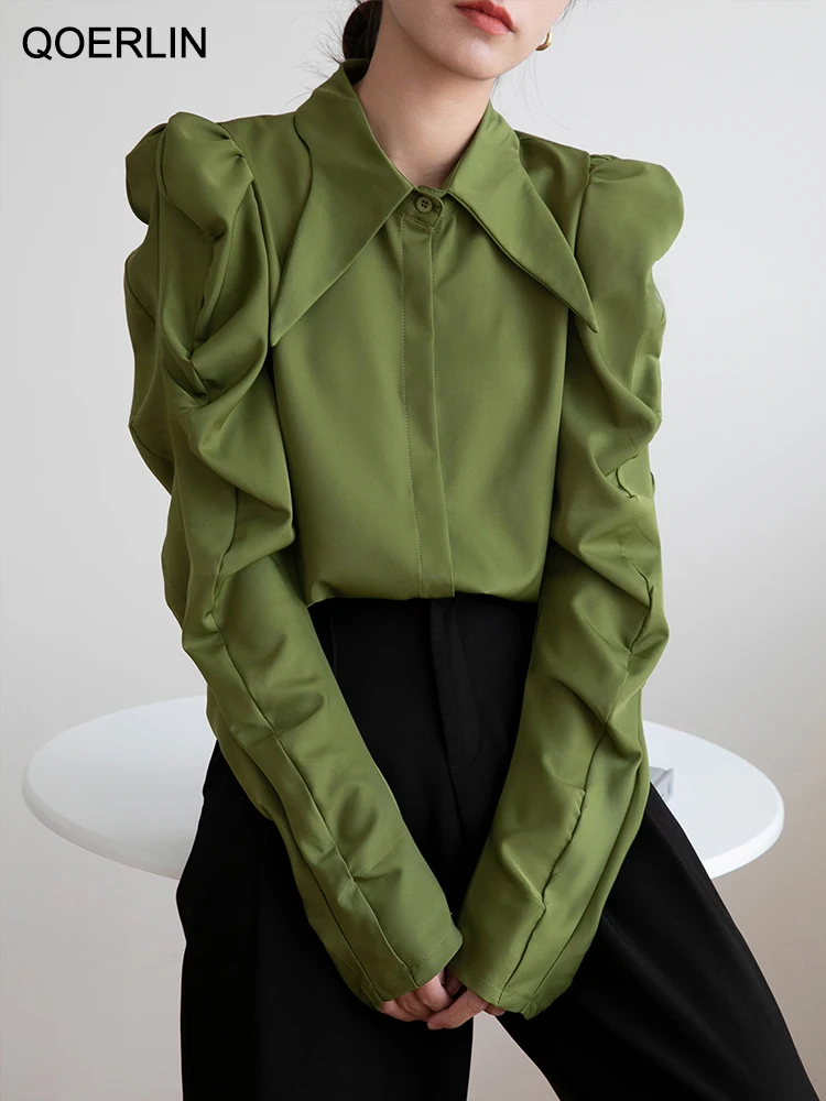 QOERLIN White Chiffon Shirts Office Ladies Elegant 2023 Spring Summer Long Sleeve Turn-Down Collar Single-Breasted Blouse Women