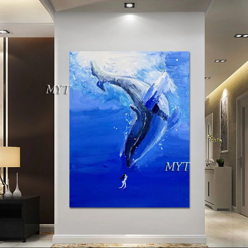 

Blue Acrylic Art Decor Unframed Canvas Roll Artwork 3d Abstract Animal Wall Painting Cetacean And Seafloor Cartoon Pictures Gift