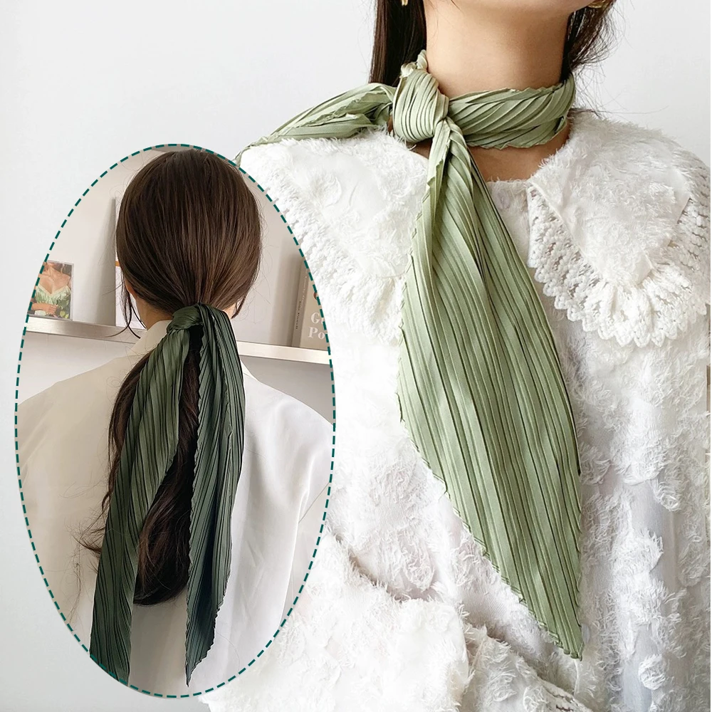 

Pleated Silk Satin Scarves Women Elegant Soft Square Headscarf Office Lady Crinkled Neckerchief Hairband Decoration 70cm