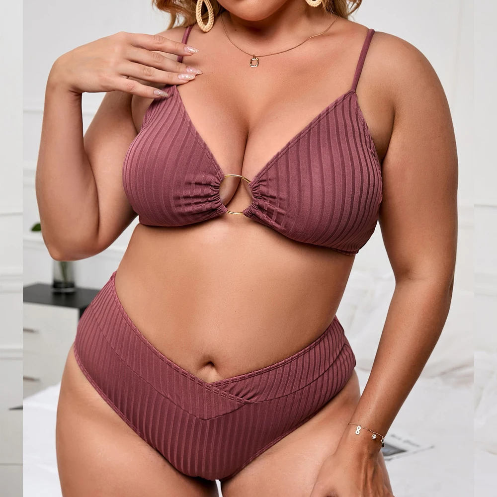 Plus Ribbed Knit O-ring Bikini Swimsuit High Waist Solid Color Summer Female Swimwear Bathing Suit Beachwear Biqui
