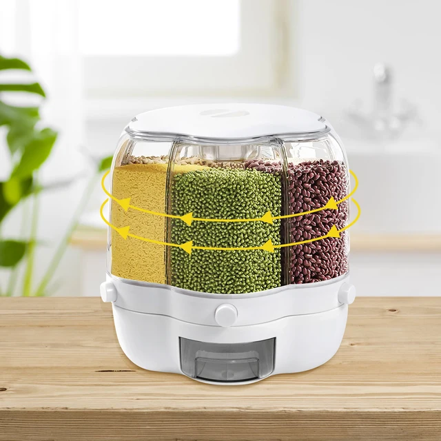 Contenitore per dispenser di cereali da banco per farina alimentare, snack, display 360 ° Contenitore per alimenti a 6 griglie con serbatoio rotante per alimenti secchi 5