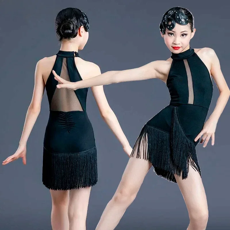 Girl Sexy Latin Dance Dress Black Children Professional Competition Ballroom Dance Dresses Tassel Tanggo Cha-cha Waltz Dancewear