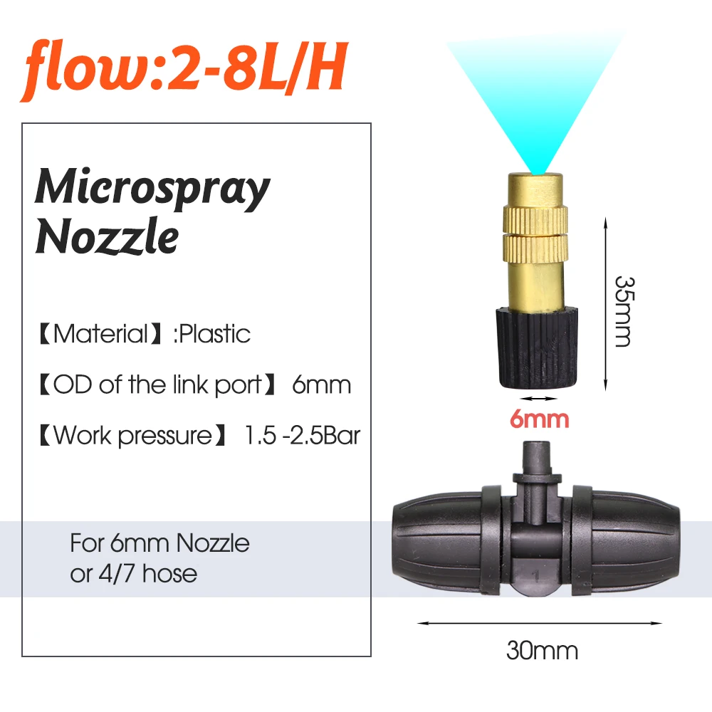 10PCS 2-8L/H Garden Brass Misting Nozzle with Lock Tee for 4/7mm Hose Spray Head Greenhouse Atomizing Cooling Watering Sprinkler