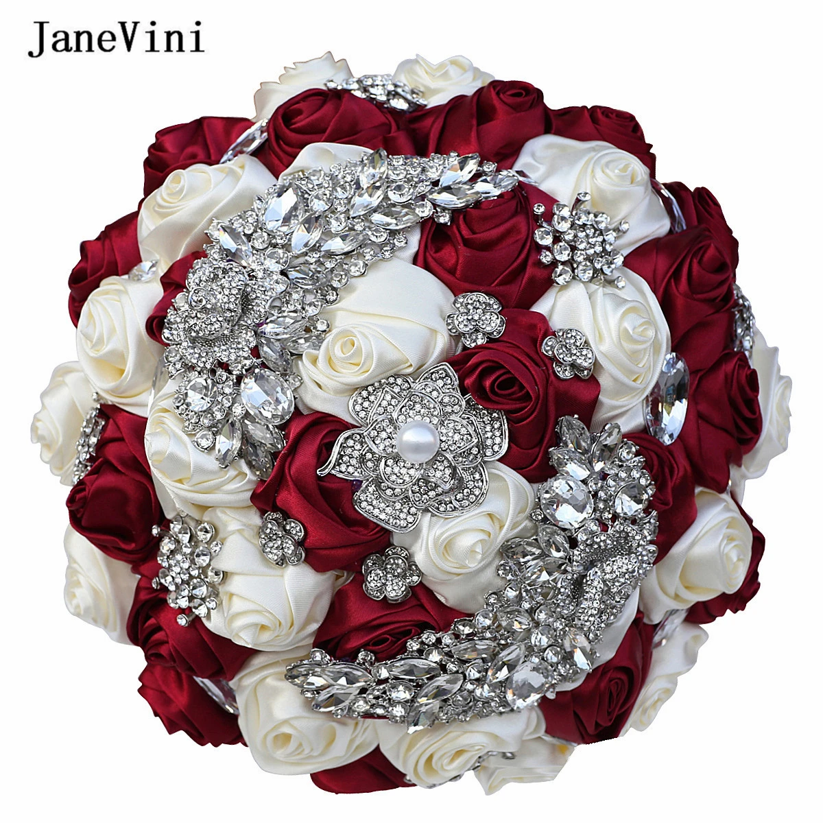 

JaneVini Charming Burgundy Flowers Ivory Bridal Bouquets Shiny Rhinestone Artificial Satin Roses Wedding Bouquet Ramo Boda Novia