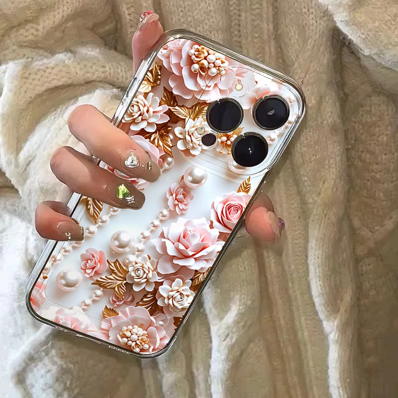 Pink Pearl Rose 3D Embossed Silicone Phone Case