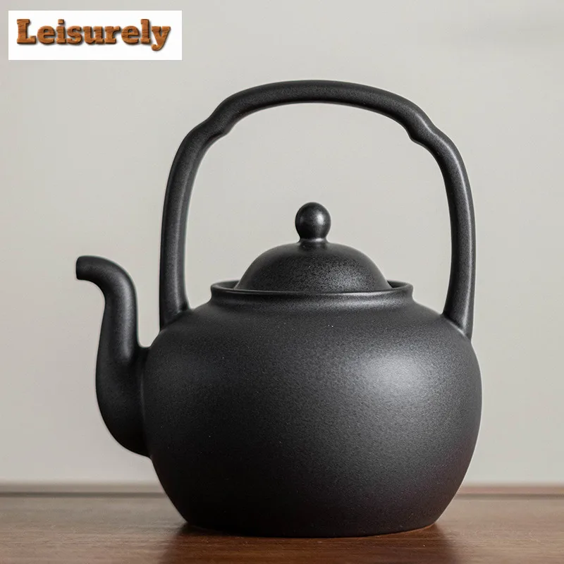 1000ML Zen Black Pottery Ceramic Teapothandmade Palace Lantern Lifting Handle Pot Boiling Water Kettle For Charcoal Stove Teaset