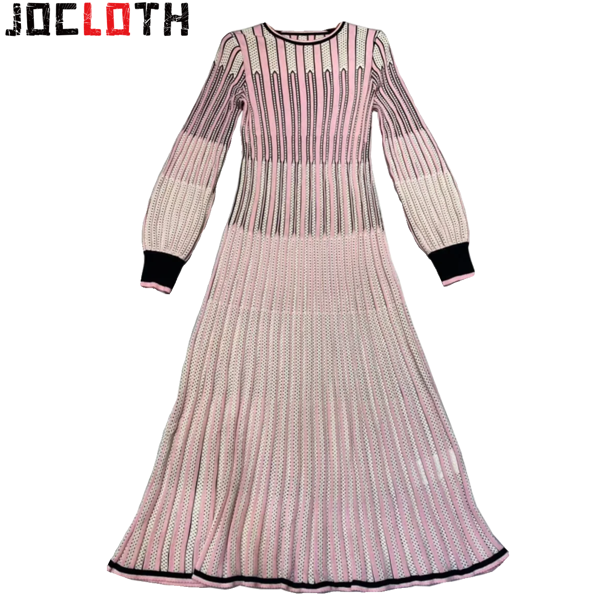 

Fashion Women's Dress Vertical Stripes Knitted Jacquard Slim Long-sleeved Wool Dress in Long 2024 New Formal Office Ladies