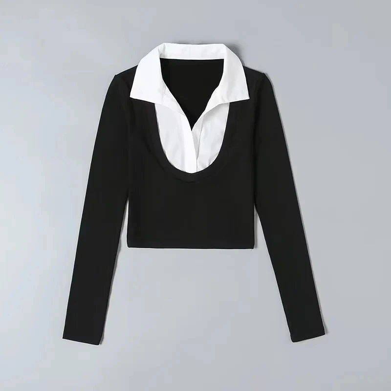 Women Rayon Long Sleeved Crop Top With White Shirt Spread Collar