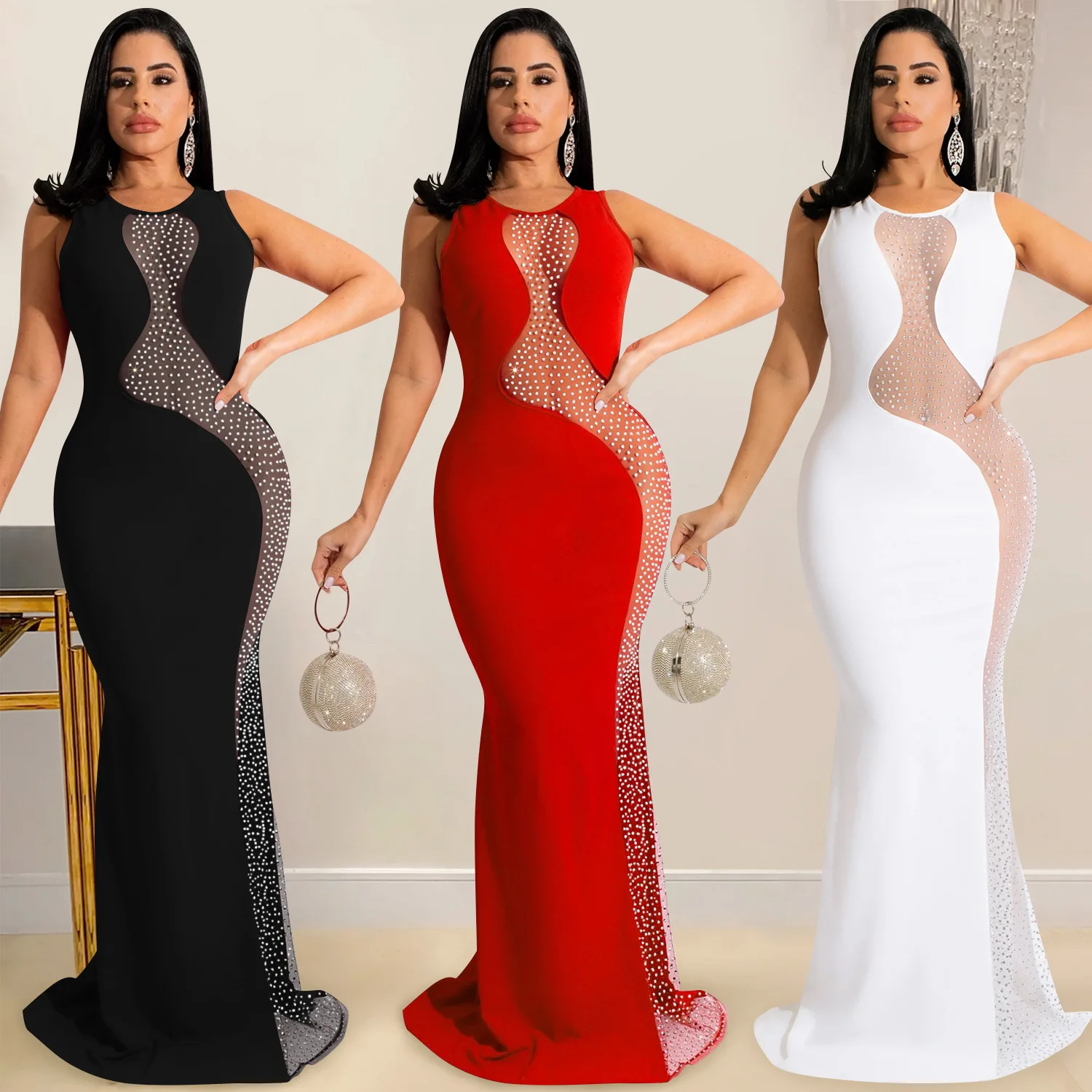 

2022 Summer Female Nightclub Style Sexy Hot Diamond Mesh Sheer Sleeveless Backless Long Dress Woman