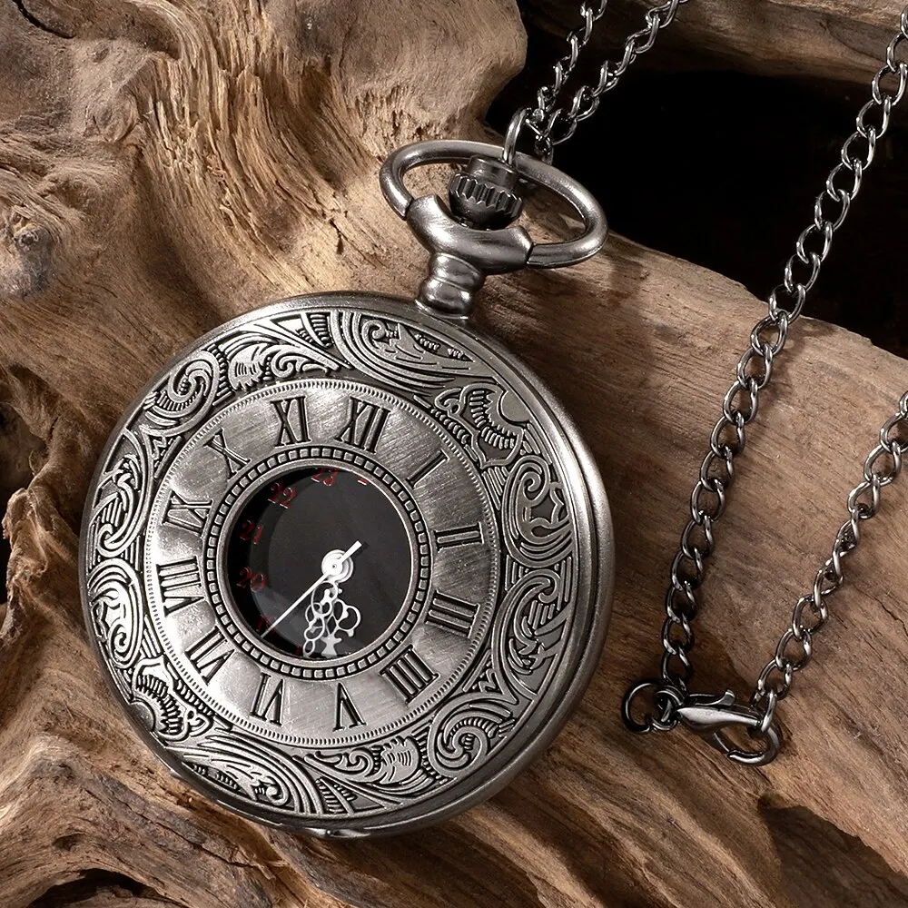 Quartz Watch Roman Numerals Pocket Watch Men Women Hollow Case Steampunk Vintage Pendant Necklace