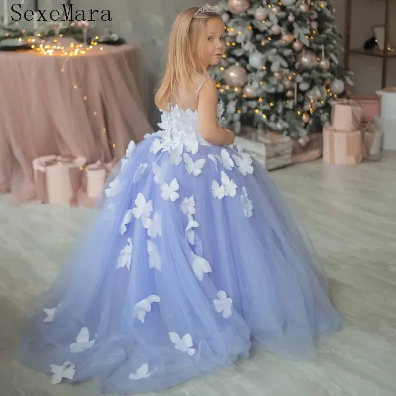 

Light Blue Tulle Puffy Flower Girl Dresses 3D Butterflies Infant Pageant Robe De Demoiselle Kids Birthday Party Gown