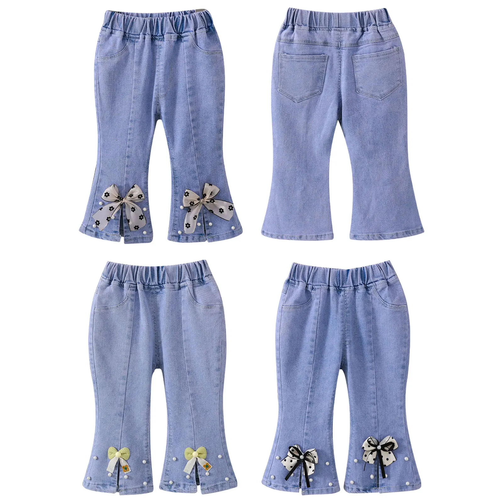 

ZDHoor Toddler Girls Spring Autumn Bell Bottom Flare Jeans Elastic Waistband Split Boot Cut Bow Knot Pearls Trousers