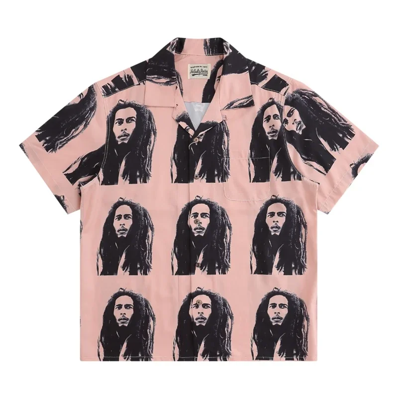 

High quality cotton casual Pink Green WACKO MARIA Shirt Men Women Character Pattern Hawaiian Shirts Tee y2k