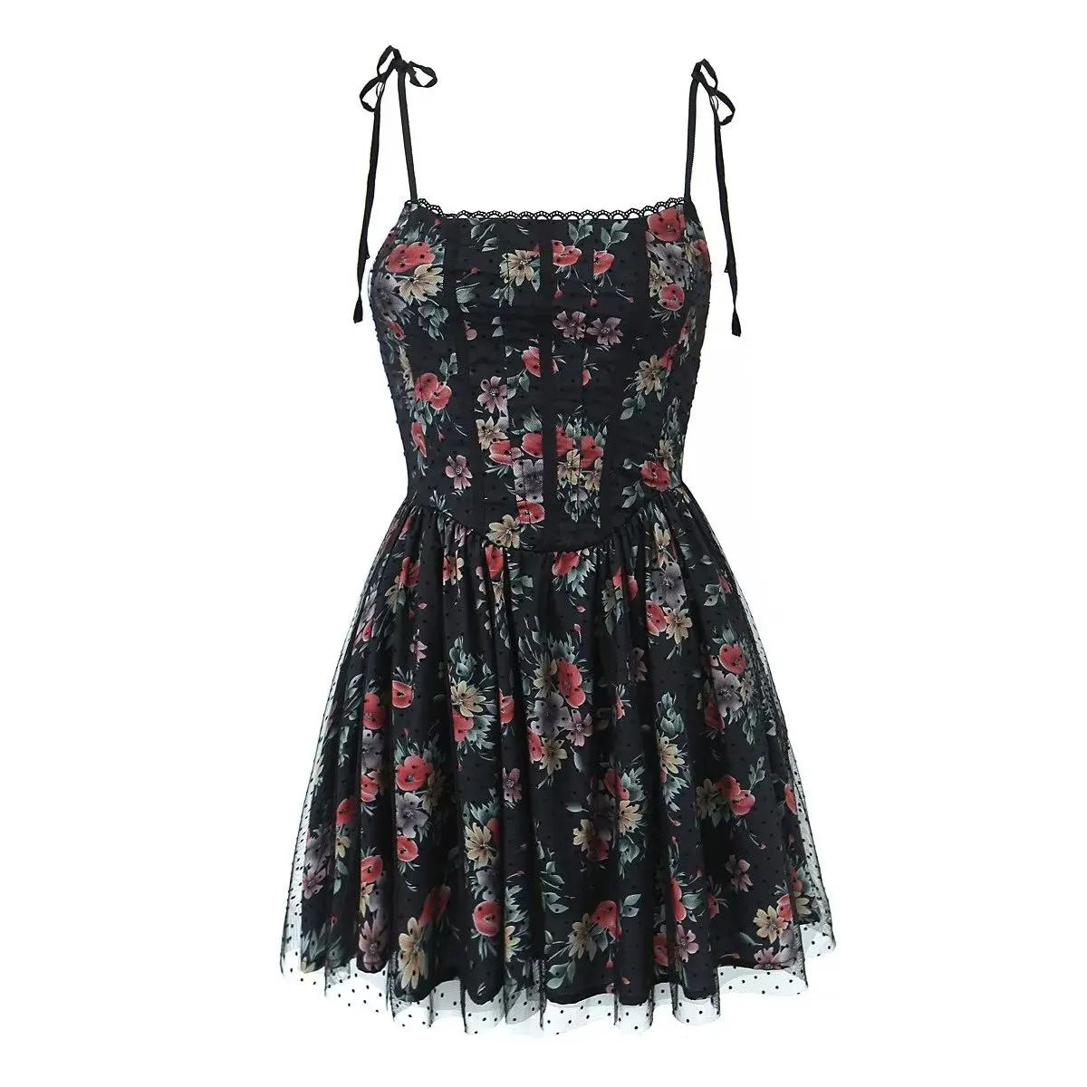 Women Black Floral Print Corset Style A-line Mini Dress With Mesh Bra Detail