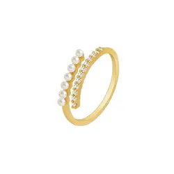 Elegant Gold-Color Micro Rhinestone and Simulated Pearl Open Ring (Golden)
