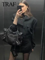 TRAF Vintage Solid Long Sleeve Bomber Jacket Spring Women Casual Coats Streetwear 2023 Female Elegant Lapel Zipper Jakcet - Image 6