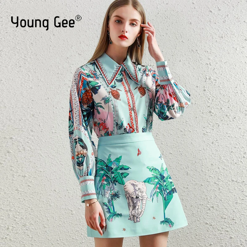 

Young Gee Women 2 Piece Sets Floral Print Blouses Turn Down Collar Long Sleeve Tops Shirt Mini High Waist Skirt Outfits faldas