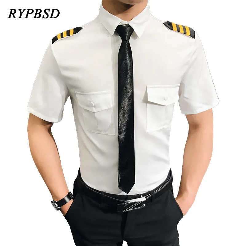 Captain Clothes Air Force Pilot Uniform Shirt Men Aviation White Black Slim Fit Social Work Cosplay Short Sleeve Dress Shirt Men