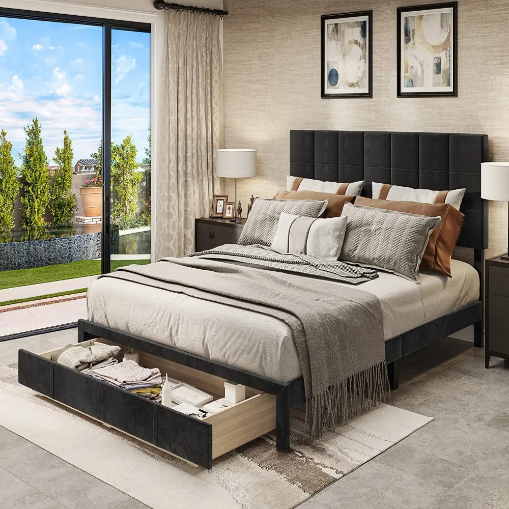 

Queen Size Bed Frame, Platform Beds Frames with Storage Drawers, Include Velvet Headboard Wingback, Queen Size Bed Frame