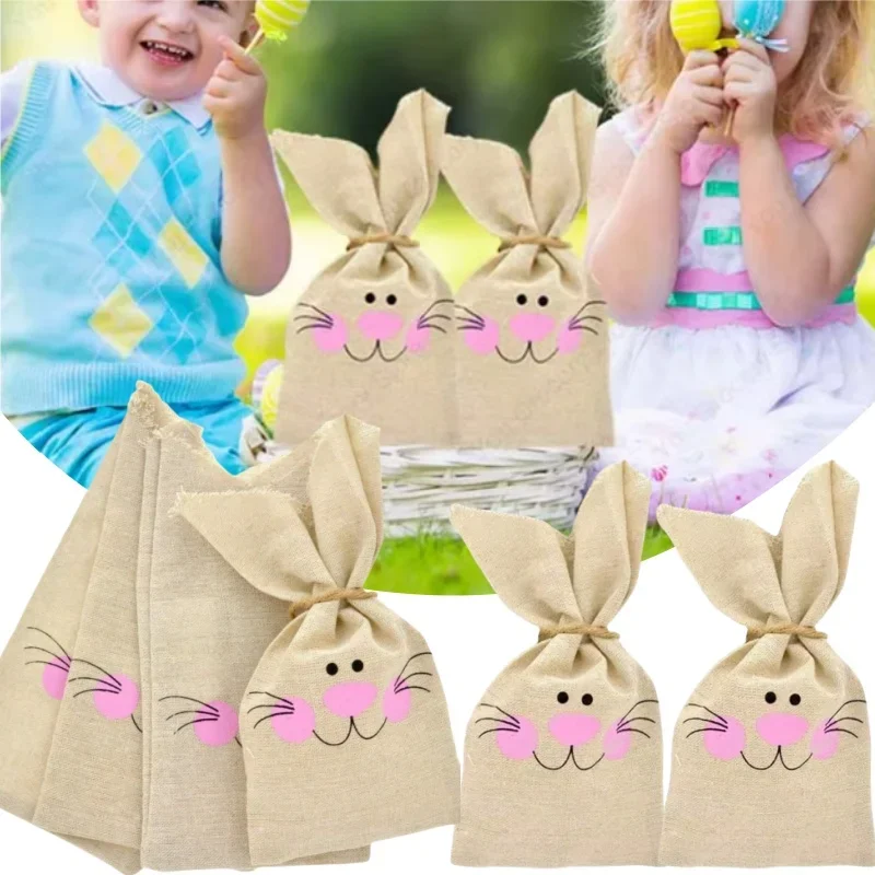 10-60PCS Kids Gift Personalized Cute Candy Pouch Bags Cute Easter Kids Candy Bag Rabbit Decoration Linen Easter Bunny Bags