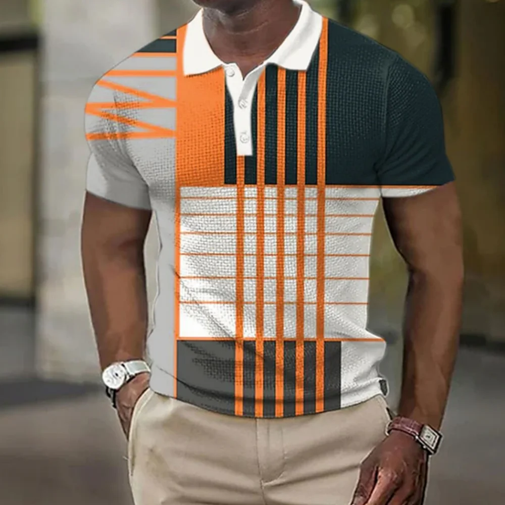 Men Fashion Casual Stripe 3D Print Polo Shirt , Men Oversize Sport Short  Sleeve Lapel Polo Shirt Tops , S-5XL .