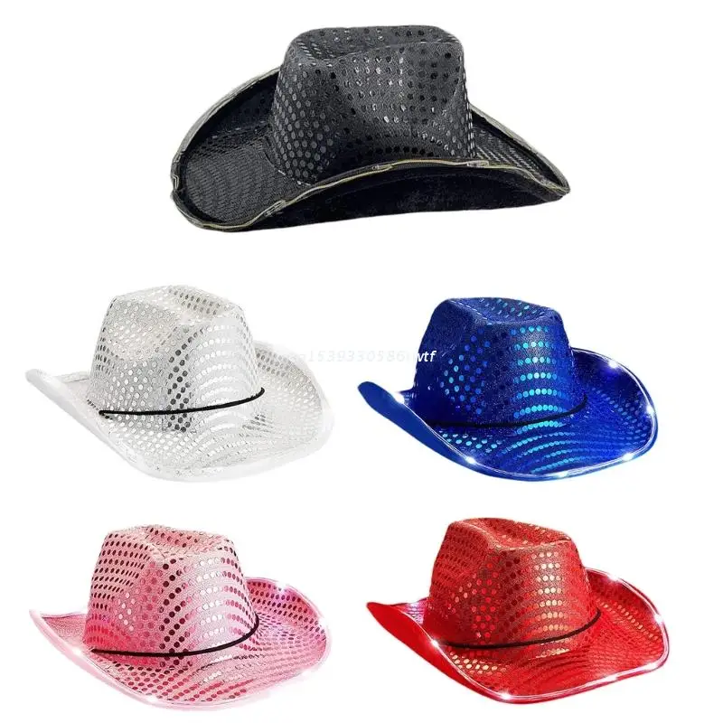 

Glitter Fedora Hat Women Men Felt Ladies Cowboy Hats Party Sequins Top Bonnet Men Cosplay LED Light Hat Dropship