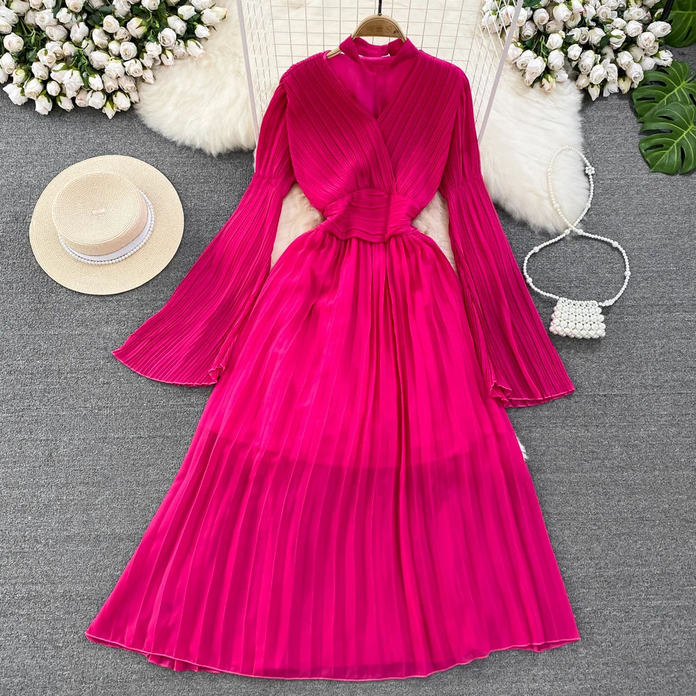 Autumn Flare Sleeve V-neck Midi Dresses for Women Solid Pleated A-line Elegant Party Dress Korean Fashion One Piece Vestidos New