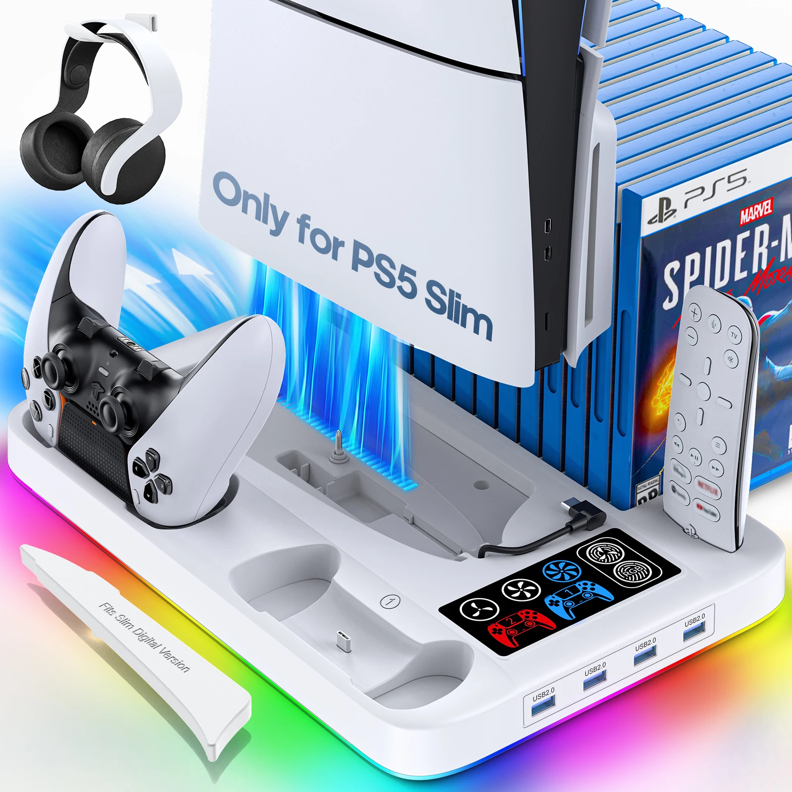 PS5 슬림 냉각 스탠드(컨트롤러 충전 스테이션 포함) Playsation 5 슬림 액세서리 키트(LED 조명 및 게임 슬롯 포함)