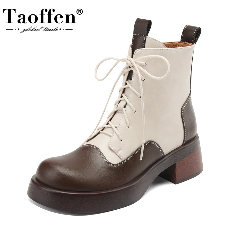 

Taoffen Women Ankle Boots Genuine Leather Block Heel Lace Up Mixed Colors Warm Footwear Winter Flat Shoe Retro Short Boots Trend